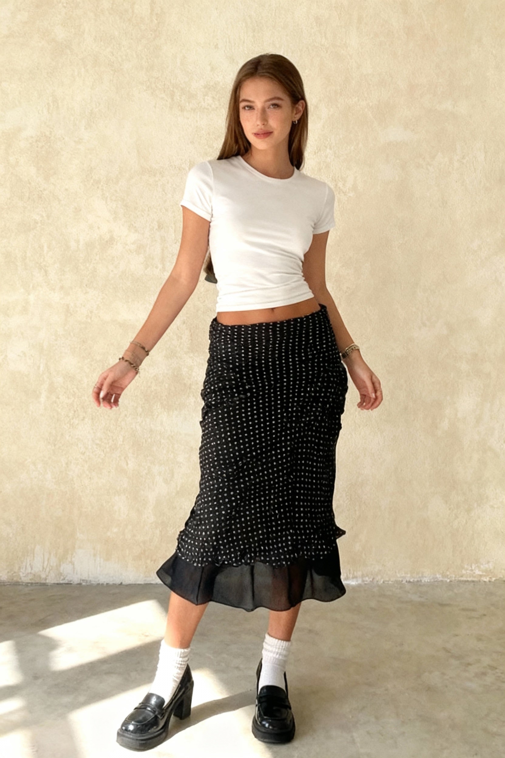 Polka Dot A-Line Mesh Midi Skirt Main image