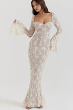 Strapless Lace Flared Backless Bodycon Maxi Lace Dress