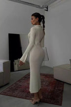 Collar Button Down Knit Fitted Bodycon Split Long Sweater Dress
