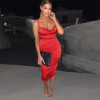 summer long satin backless elegant  hollow out Midi Dresses