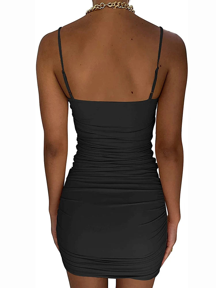 New Summer  Cut Out Ruched Spaghetti Mini Club Midi Dresses