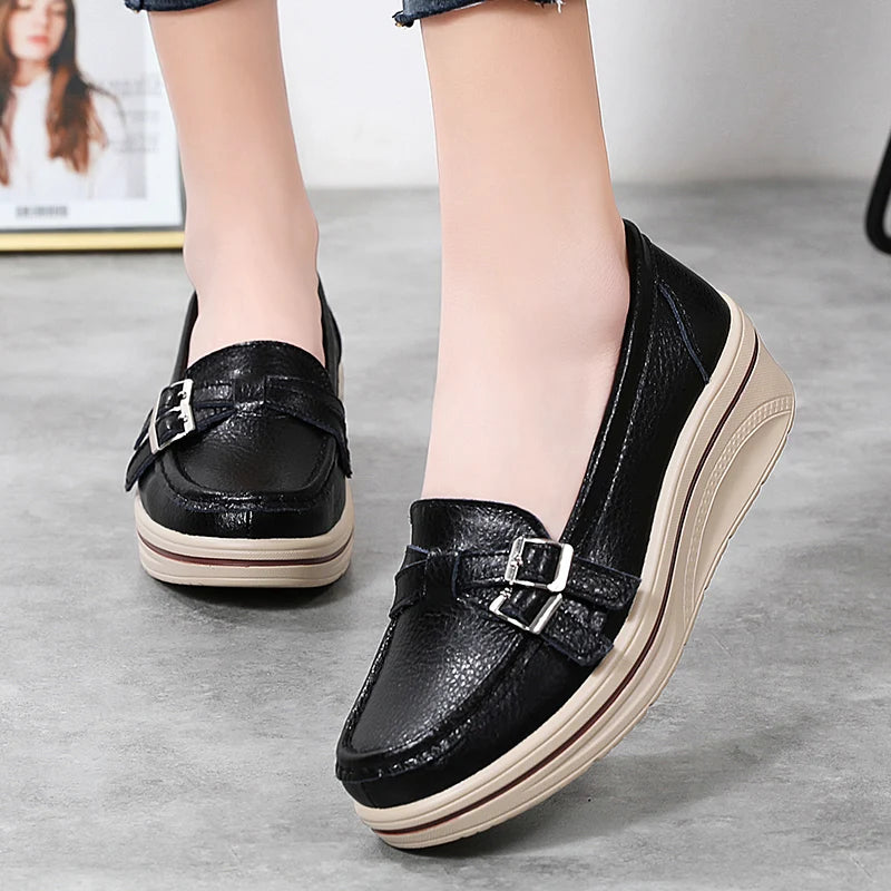 Leather Wedge Platform Orthopedic Slip On Casual Comfort Flats Loafers Main image