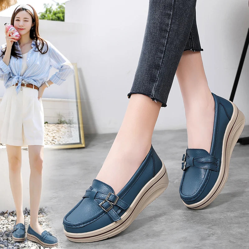 Leather Wedge Platform Orthopedic Slip On Casual Comfort Flats Loafers