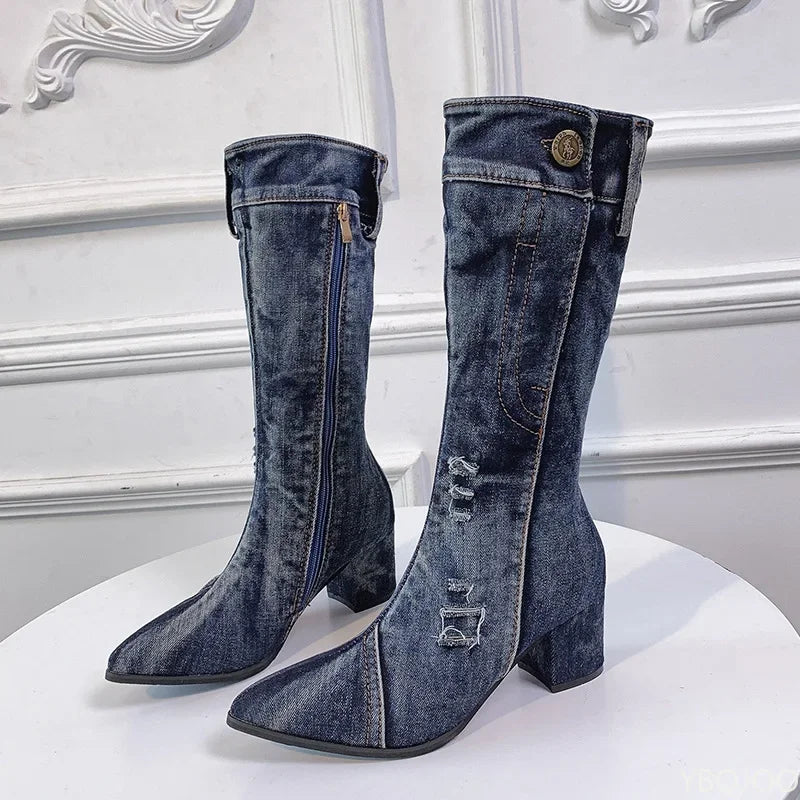 2024 Chunky Denim Block Heels Winter Fashion Cowboy Western Knee High Boots Main image
