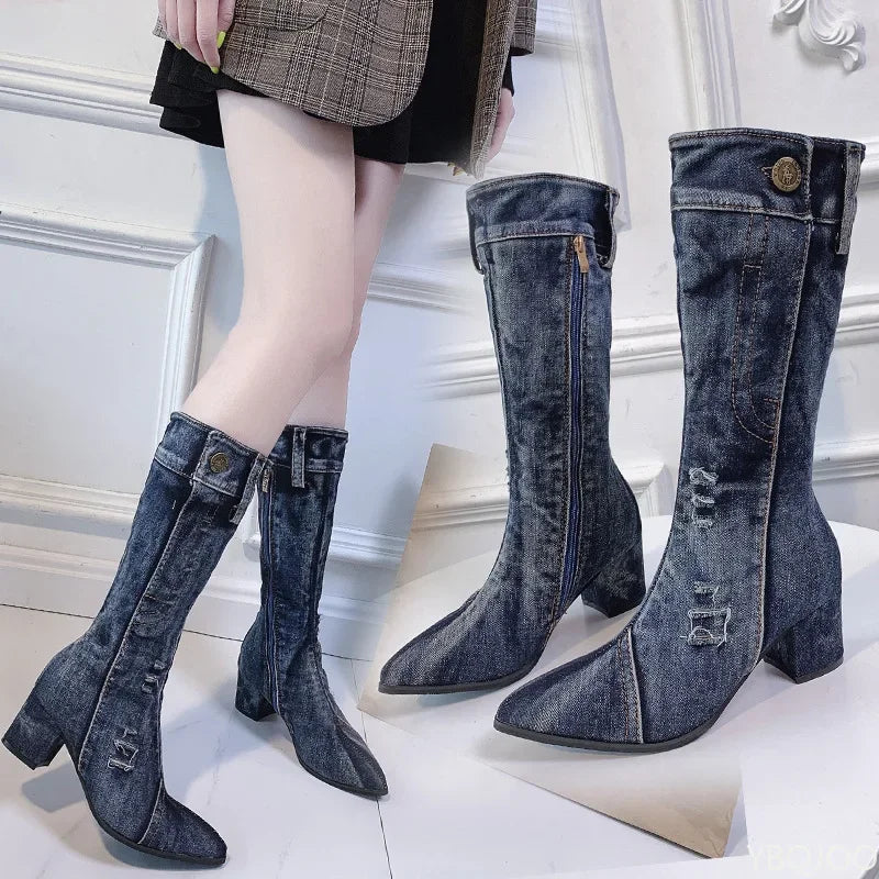 2024 Chunky Denim Block Heels Winter Fashion Cowboy Western Knee High Boots Secondary image