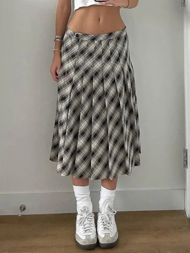 DressBetty - Houndstooth Pleated Loose Retro Maxi Skirt
