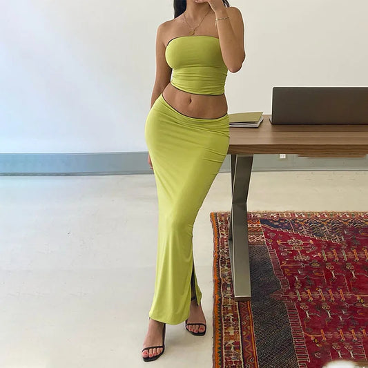 Sexy Party Y2K Beach Strapless Crop Top And Long Bodycon Skirt