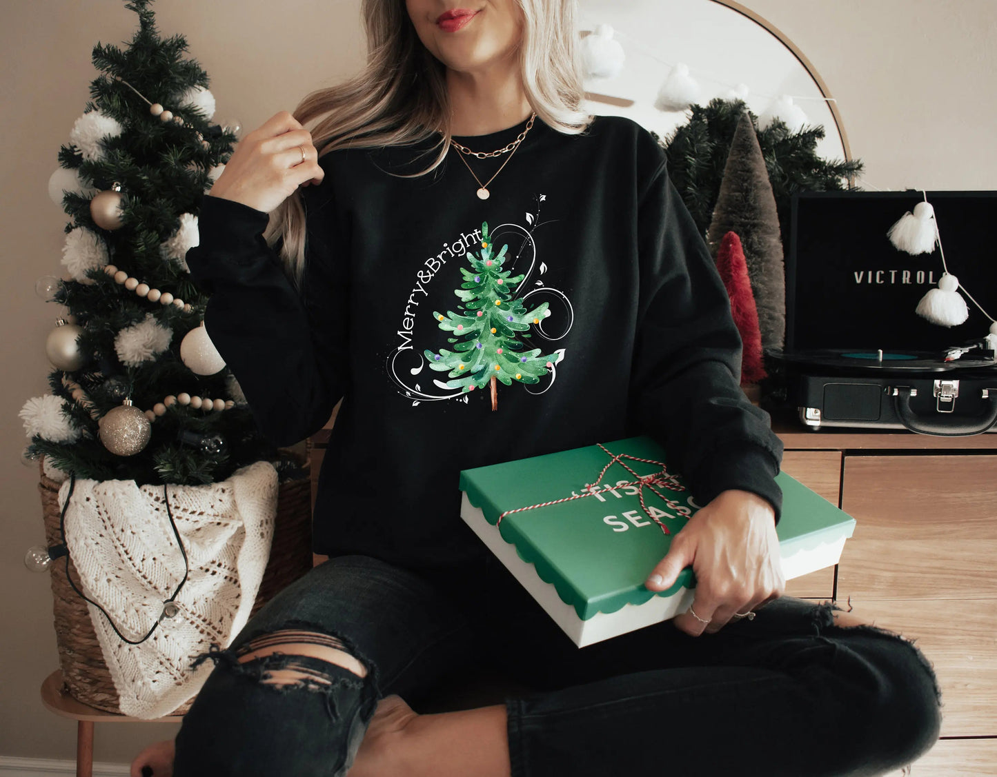 Merry Bright Light Tree Girl Christmas Hoodie