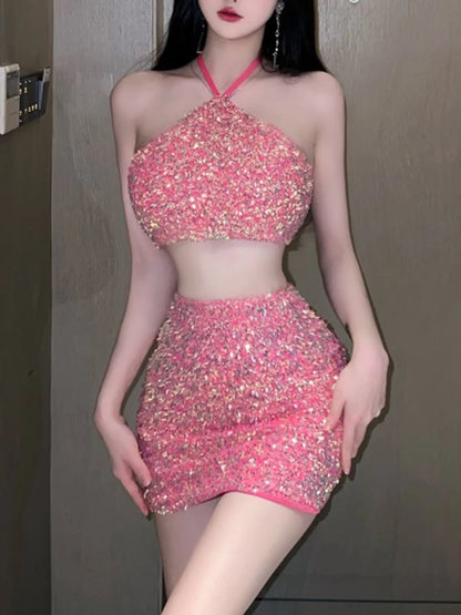Korean Halter Pink Sequins Backless High Waisted Y2k Mini Skirt