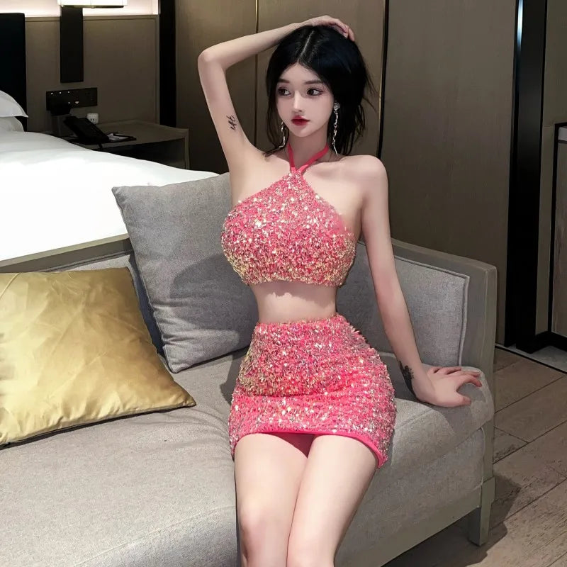 Korean Halter Pink Sequins Backless High Waisted Y2k Mini Skirt