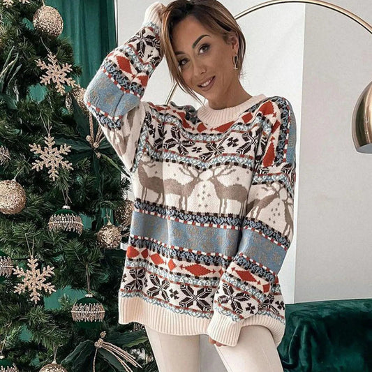 Jacquard Print Christmas Sweater - Warm and Soft - Loose Fit - Full Sleeve