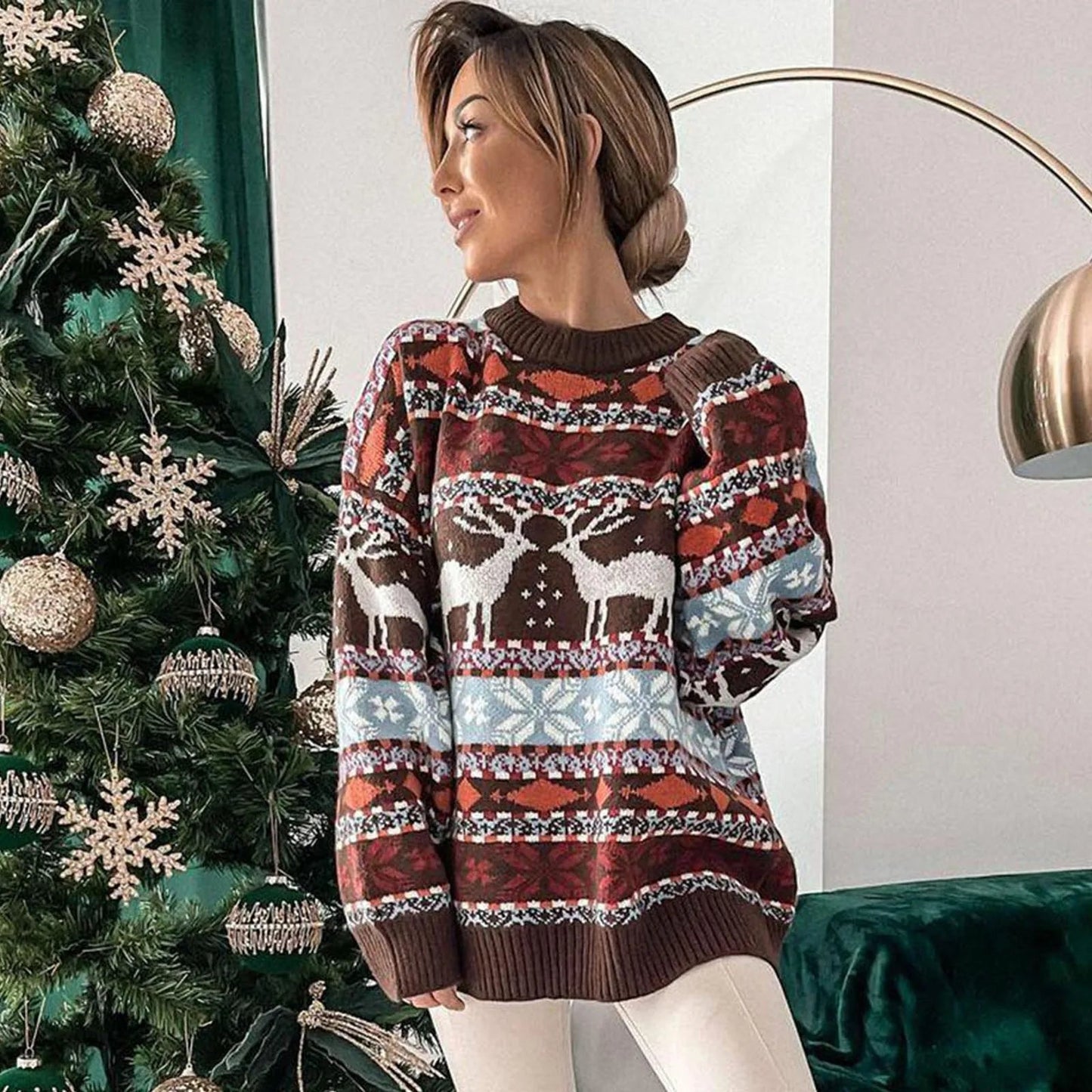 Jacquard Print Christmas Sweater - Warm and Soft - Loose Fit - Full Sleeve