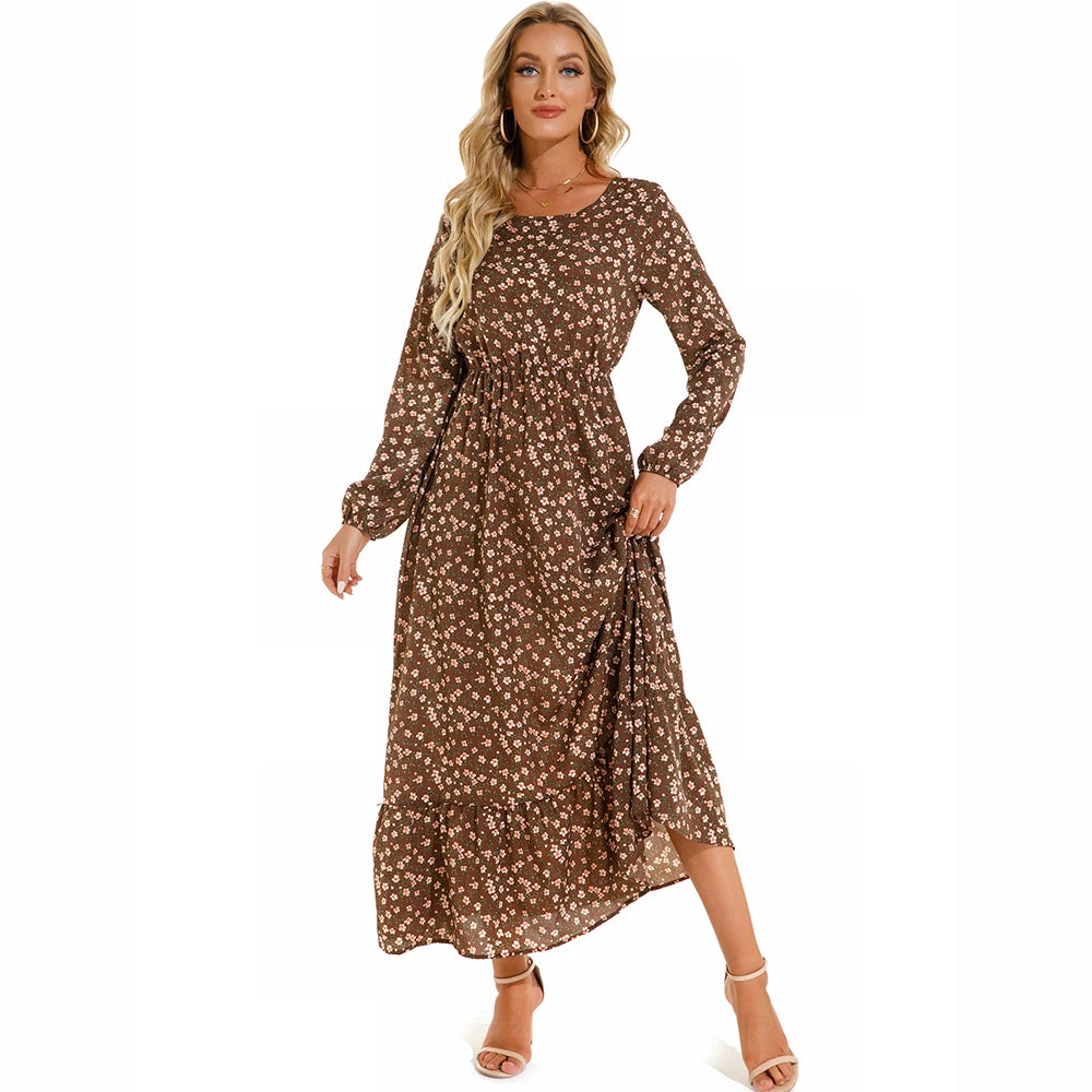 Sping Bohemian Women Maxi Casual Long Sleeve High Waist Chiffon Midi Dresses
