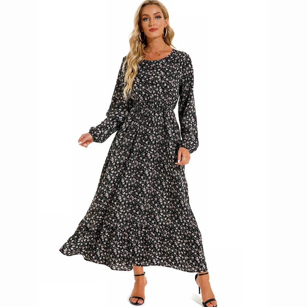 Sping Bohemian Women Maxi Casual Long Sleeve High Waist Chiffon Midi Dresses