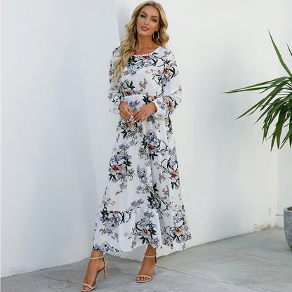 Sping Bohemian Women Maxi Casual Long Sleeve High Waist Chiffon Midi Dresses