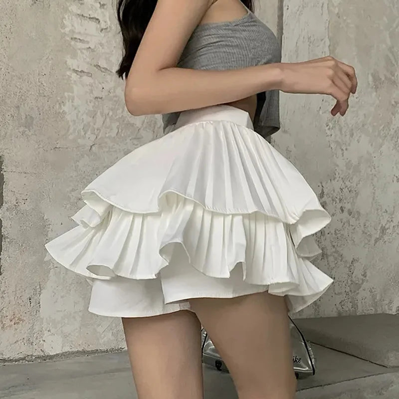 DressBetty - Layered White Ruffles High Waist Pleated Mini Skirt Main image