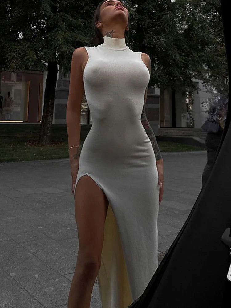 Summer Slit Elegant Holiday  Sleeveless Club Tank Solid Clothes Midi Dresses Main image