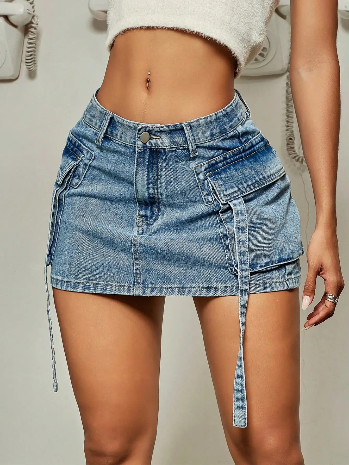 Trendy Street Tooling Style Flap Pocket Slim Workwear Denim Skirt Main image