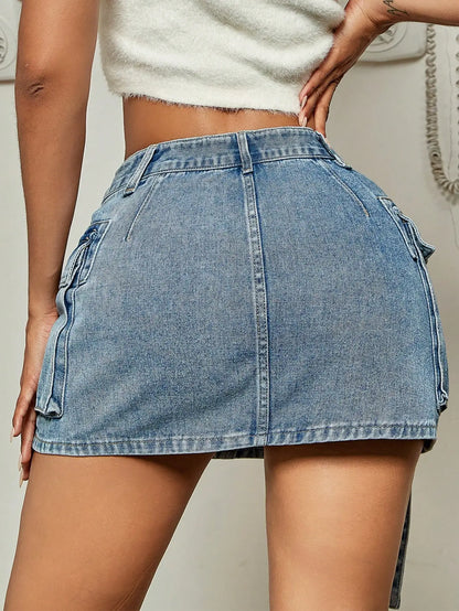 Trendy Street Tooling Style Flap Pocket Slim Workwear Denim Skirt