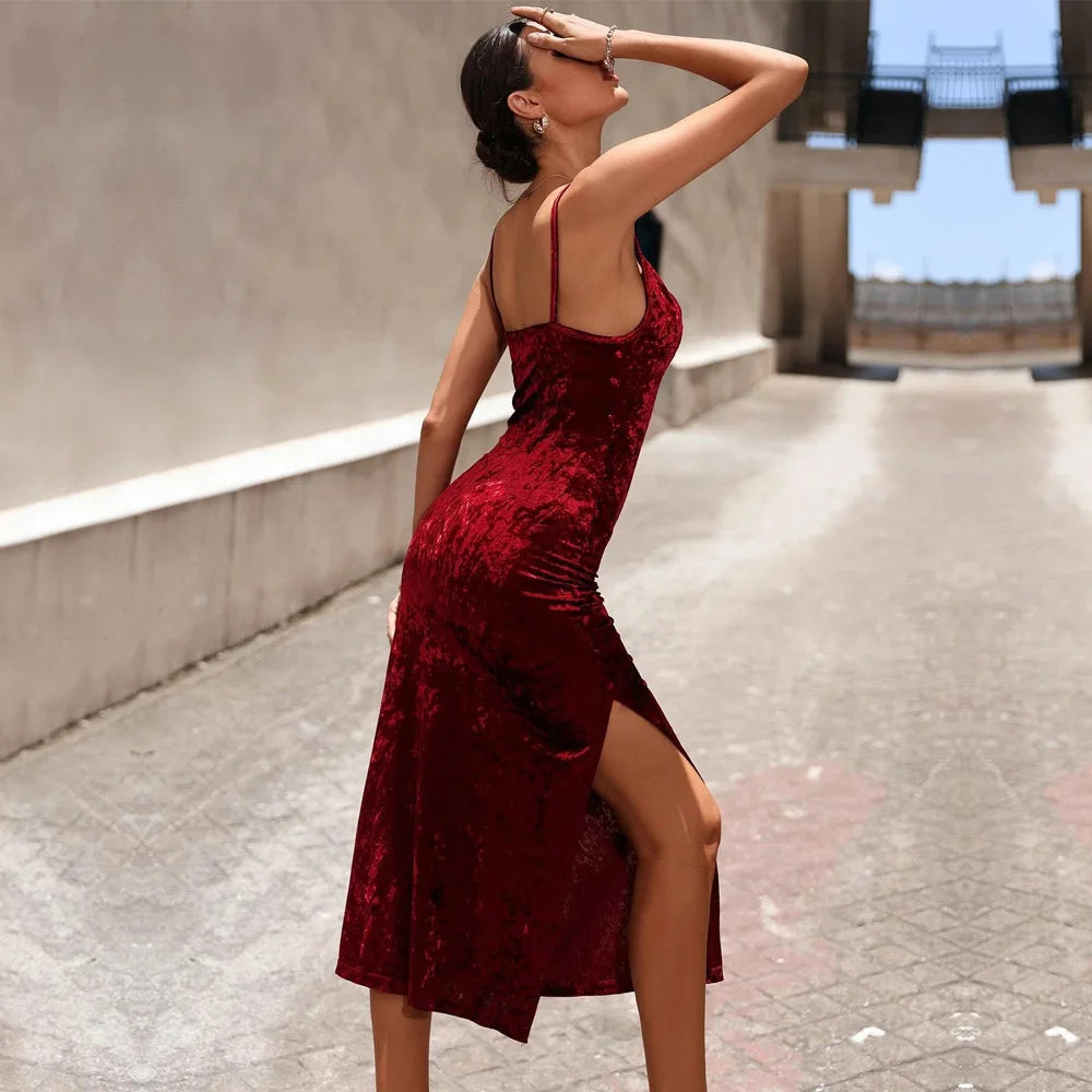 Velvet Slit Halter Midi Dress Secondary image