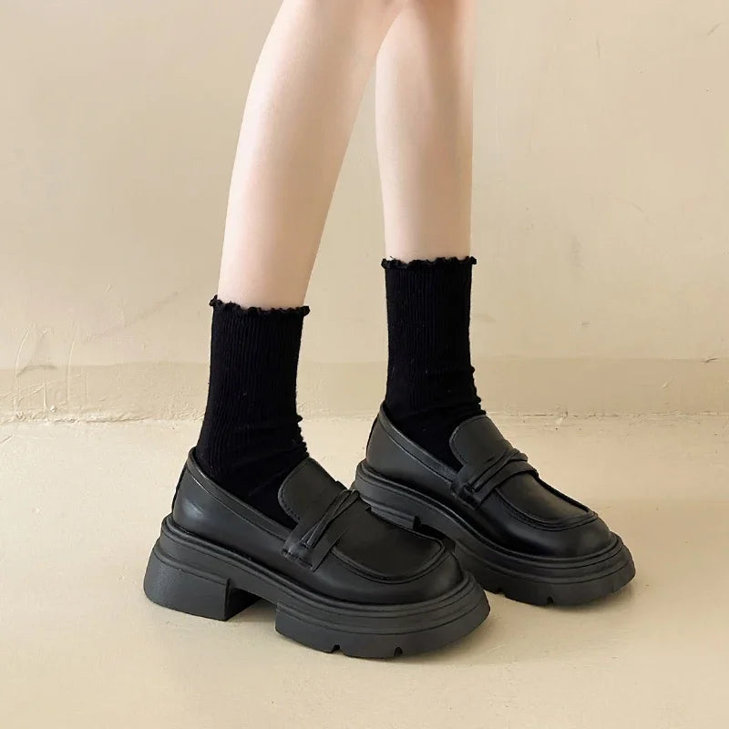Black Fur Round Toe Platform British Style Autumn Casual Loafers Main image