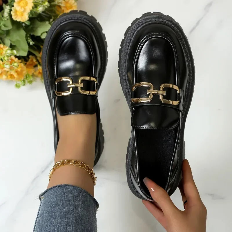 Metal Chain Buckle Platform Mary Janes Round Toe Black Loafers Main image