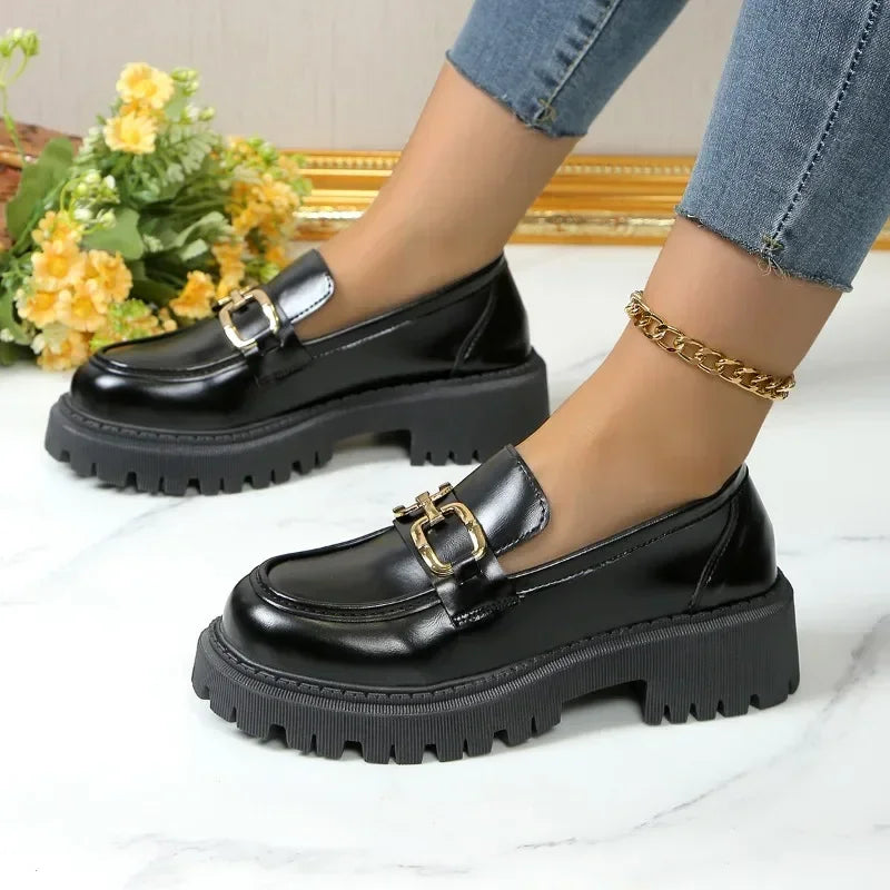 Metal Chain Buckle Platform Mary Janes Round Toe Black Loafers Secondary image