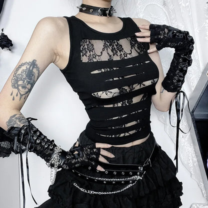 Mall Goth Hollow Out Streetwear Harajuku Mesh See Through Coquette Emo Crop Top