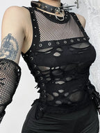 2024 Mall Gothic  Hole See Through Lace-up Streetwear Cyber Punk Rave Fashion Crop Top