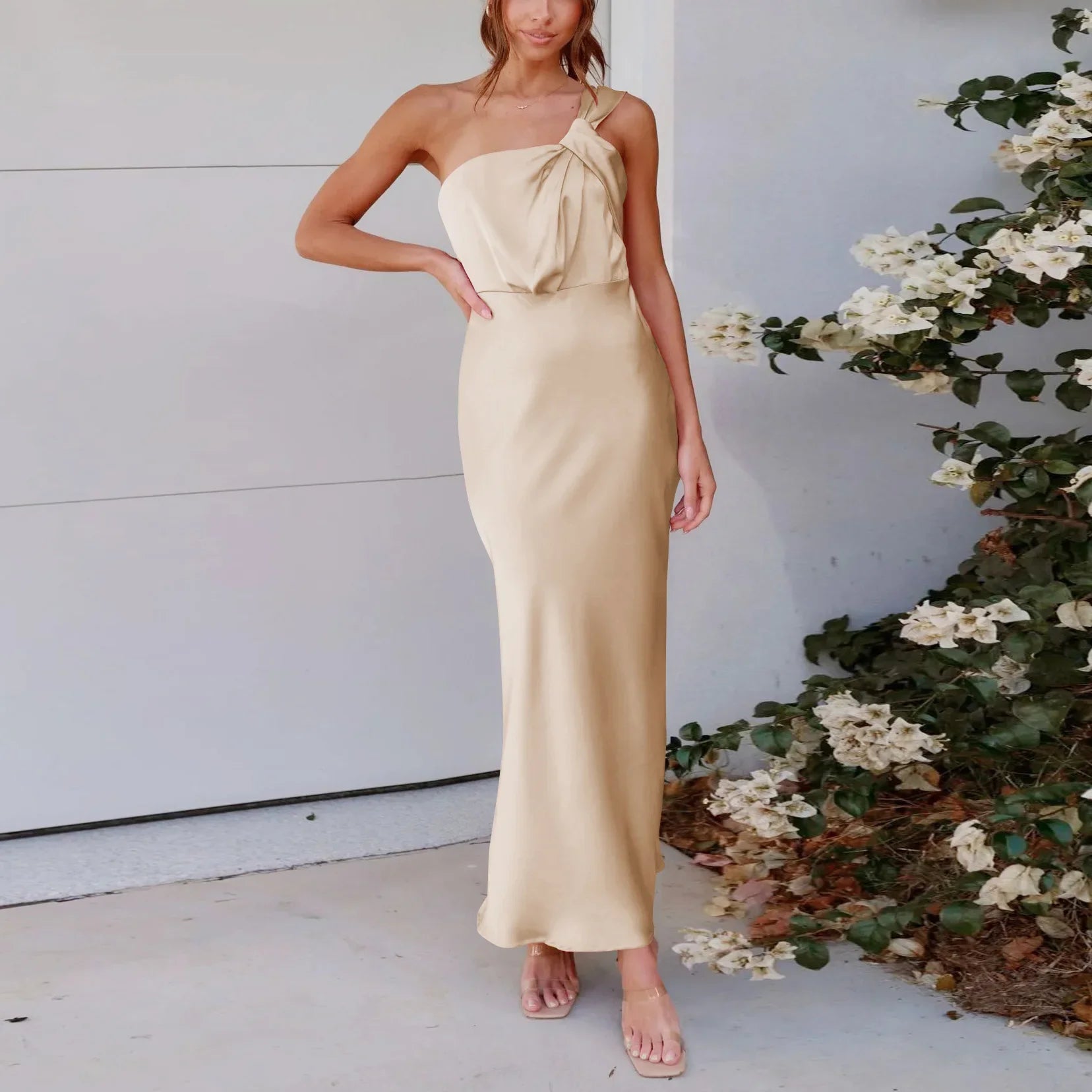 Elegant One-Shoulder Satin French Slim  Ladies Midi Dresses Main image