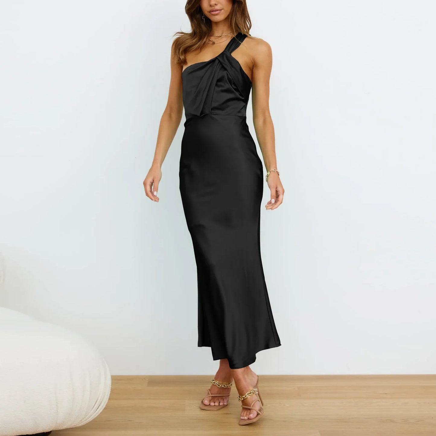 Elegant One-Shoulder Satin French Slim Sexy Ladies Midi Dresses