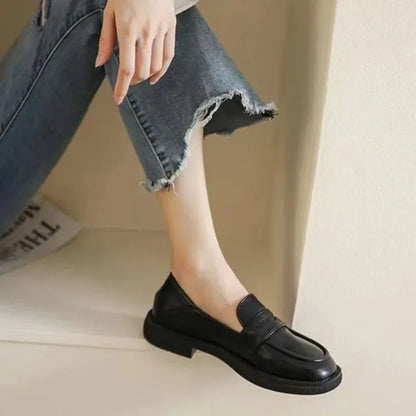 Black Leather Slip On British Style Low Heels Spring Platform Casual Flats Loafers