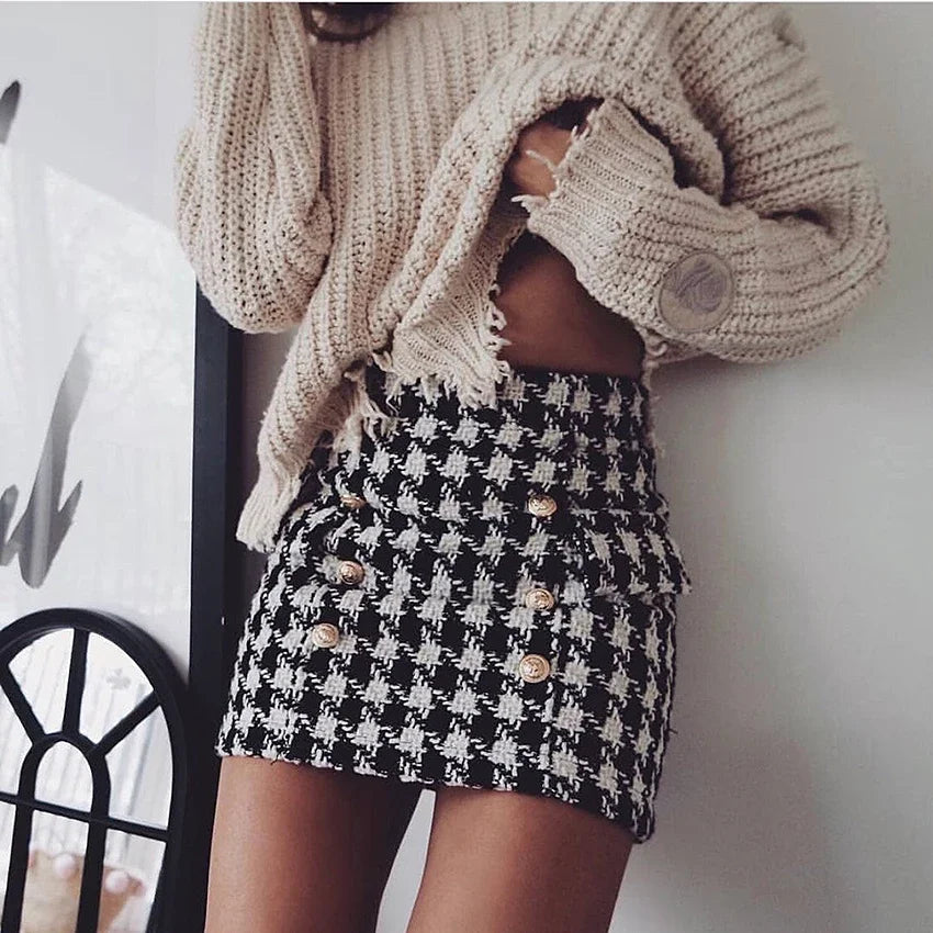 HIGH STREET Runway Designer Lion Buttons Tweed Houndstooth Mini Skirt Main image