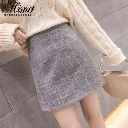 Korean Sexy High Waist Slim Plaid Wool A-step Mini Skirt