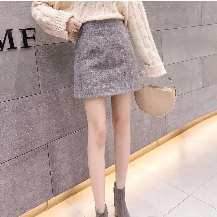 Korean Sexy High Waist Slim Plaid Wool A-step Mini Skirt