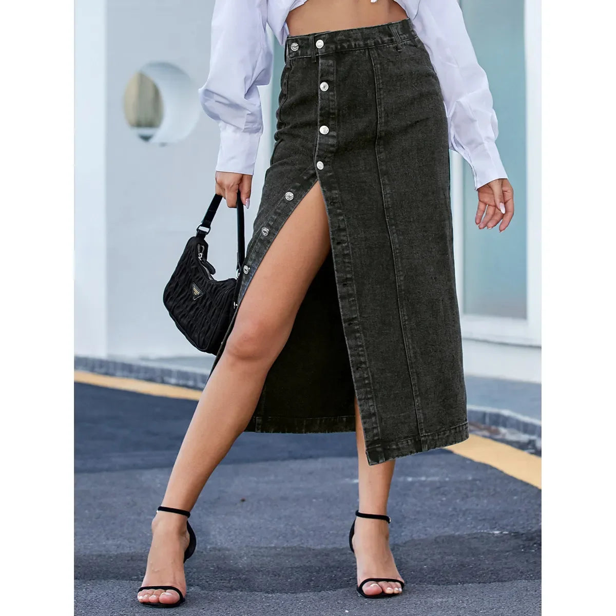 Sexy Blue A Line Jean High Waist Irregular Split Long Denim Skirt