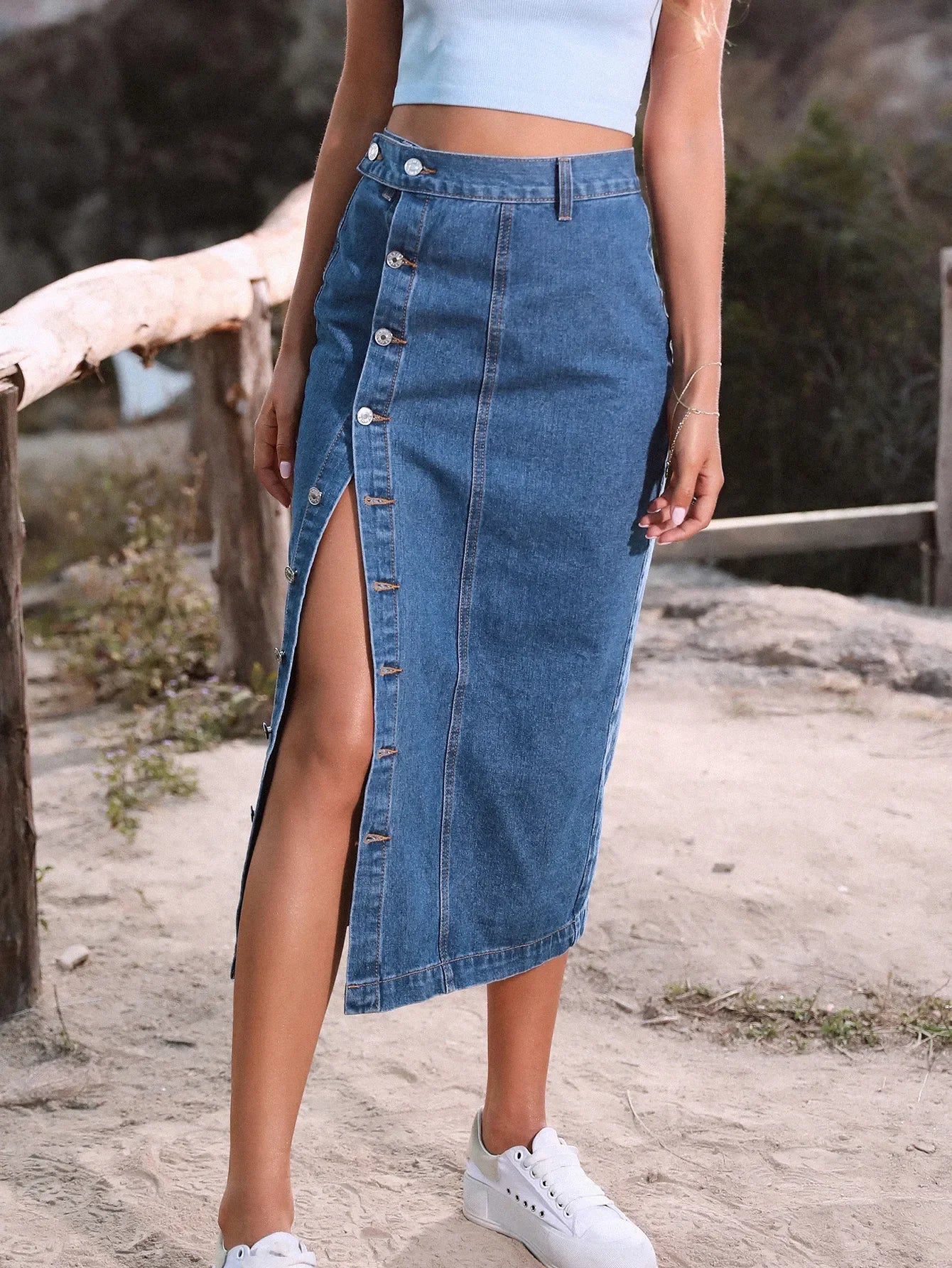 Sexy Blue A Line Jean High Waist Irregular Split Long Denim Skirt