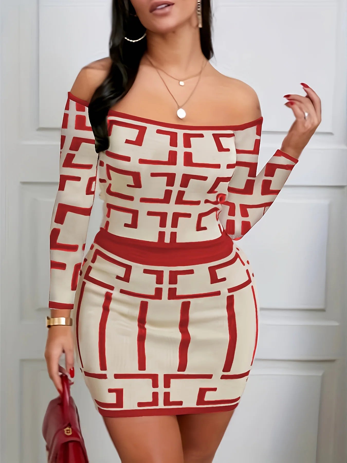 Sexy Geometric Print Two-piece Off Shoulder Top Slim Skirt