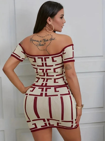 Sexy Geometric Print Two-piece Off Shoulder Top Slim Skirt
