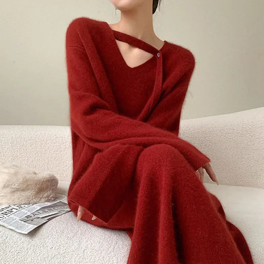 French Slimming Soft V-neck Sweater Maxi Bodycon Midi Dresses