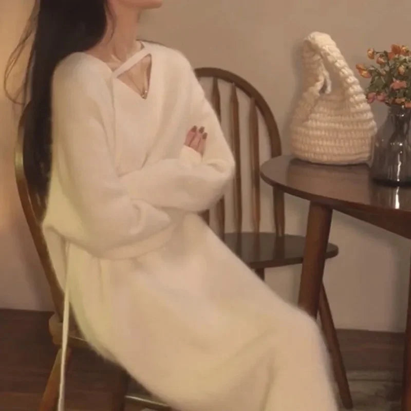 French Slimming Soft V-neck Sweater Maxi Bodycon Midi Dresses