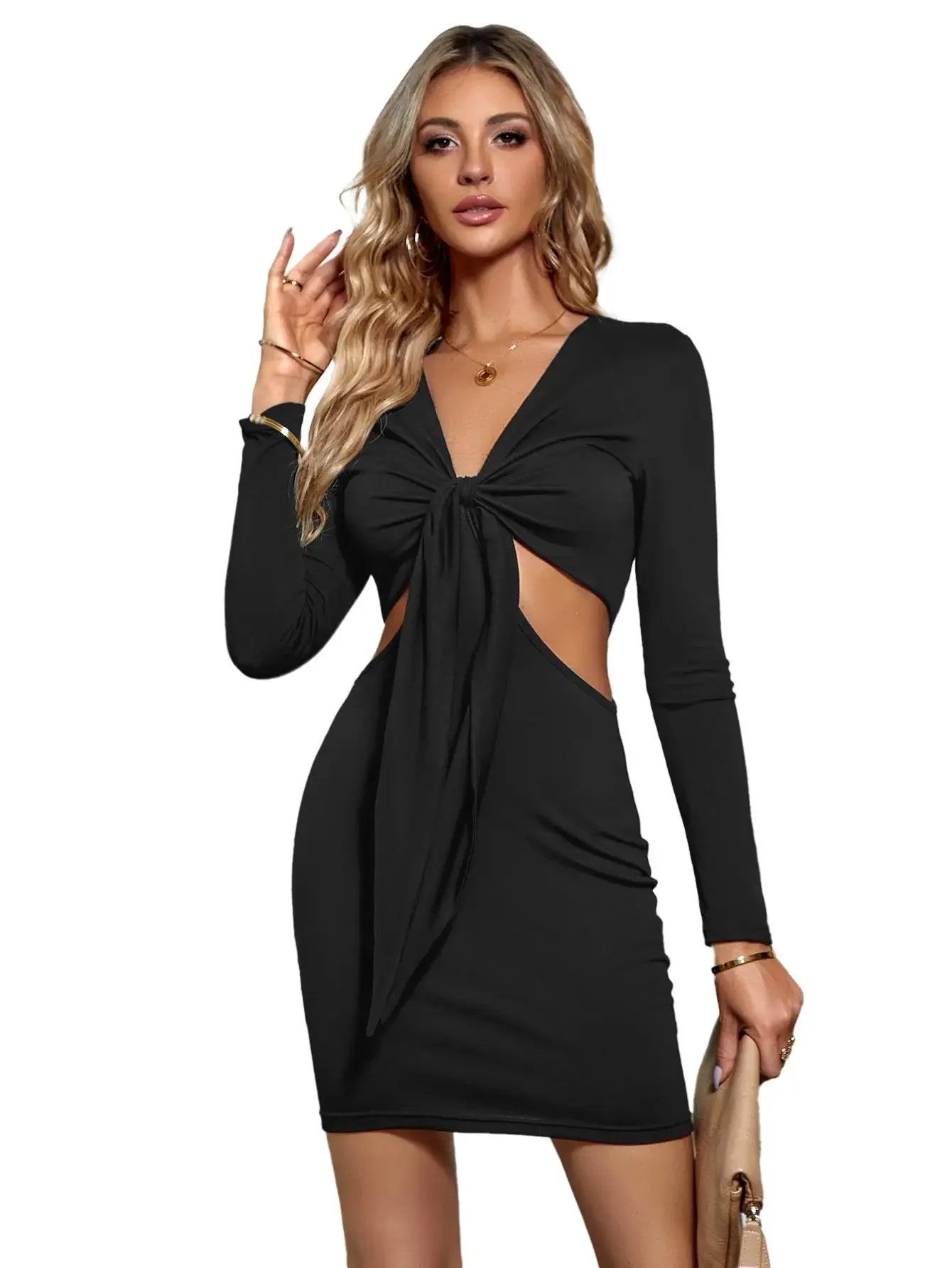 Mid Waist  Split V-Neck Elastic Outfits Solid Midi Dresses Main image