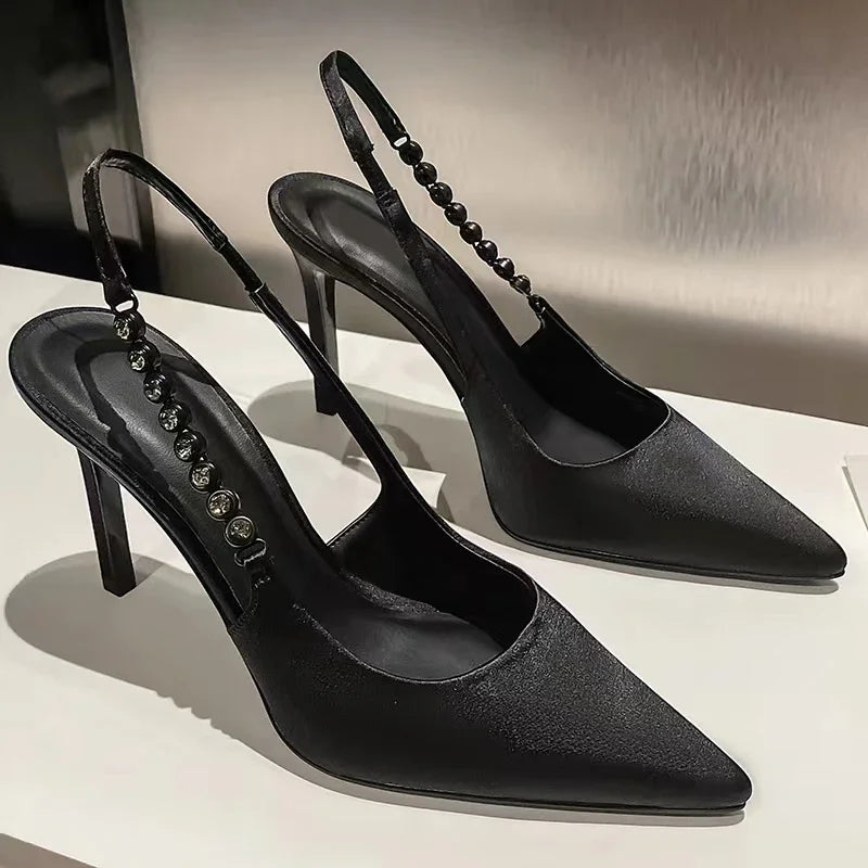 New Slingbacks Women's  Pointed Highs Silver Leather Fashion Dress Shoes Low Heel Pumps Main image