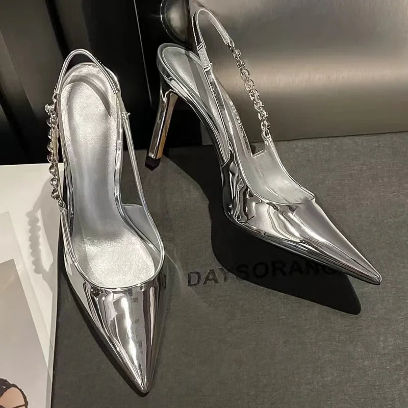 New Slingbacks Women's Sexy Pointed Highs Silver Leather Fashion Dress Shoes Low Heel Pumps