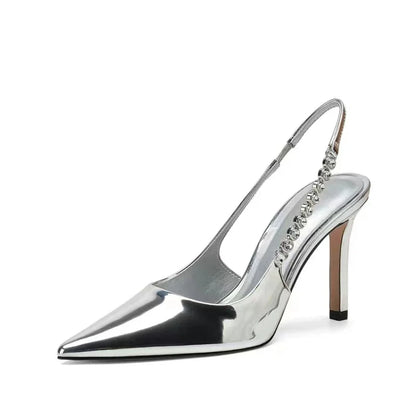 New Slingbacks Women's Sexy Pointed Highs Silver Leather Fashion Dress Shoes Low Heel Pumps