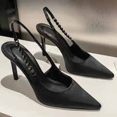 New Slingbacks Women's  Pointed Highs Silver Leather Fashion Dress Shoes Low Heel Pumps