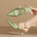 New Summer Fashion Pointed Toe Pearl  High Banquet Women Low Heel Pumps