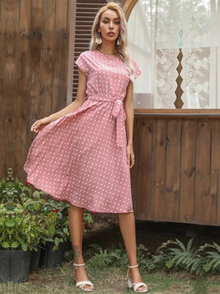 New Summer Polka Dots Pleated Waist Office Green Dinner Midi Dresses