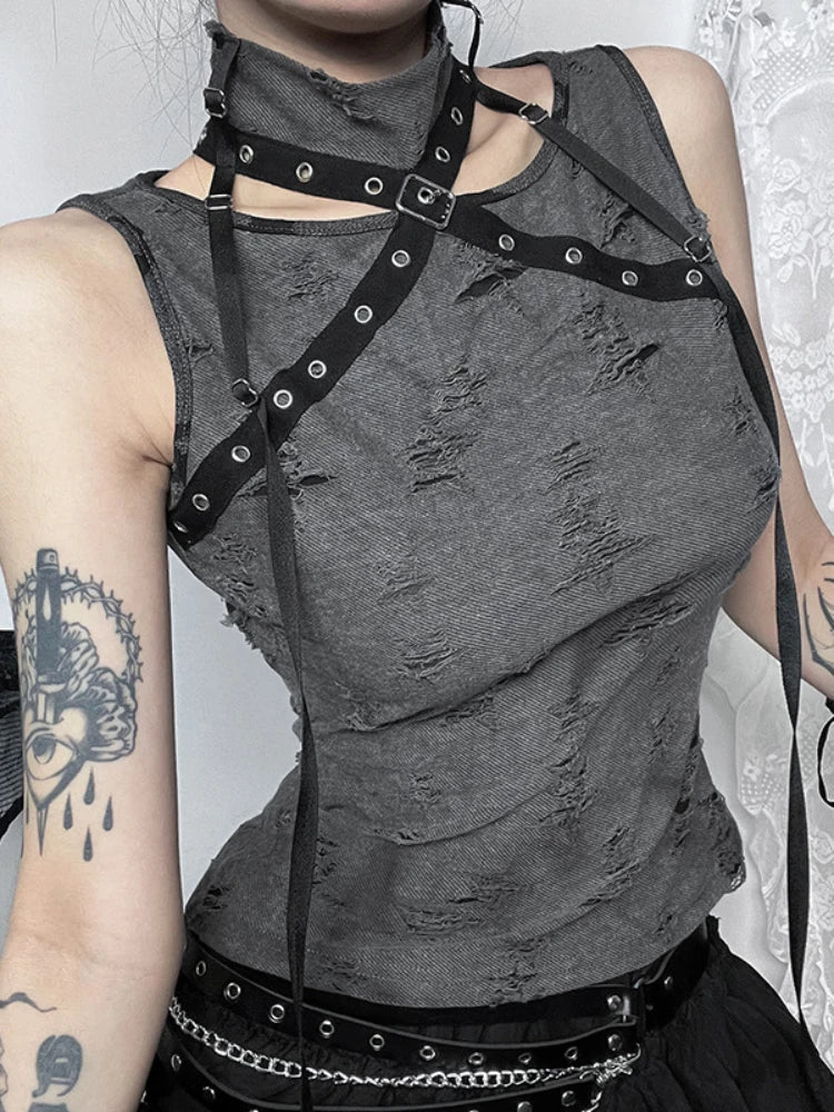 Vintage Gothic Print Retro Punk  Sleeveless Five Pointed Star Crop Top Main image