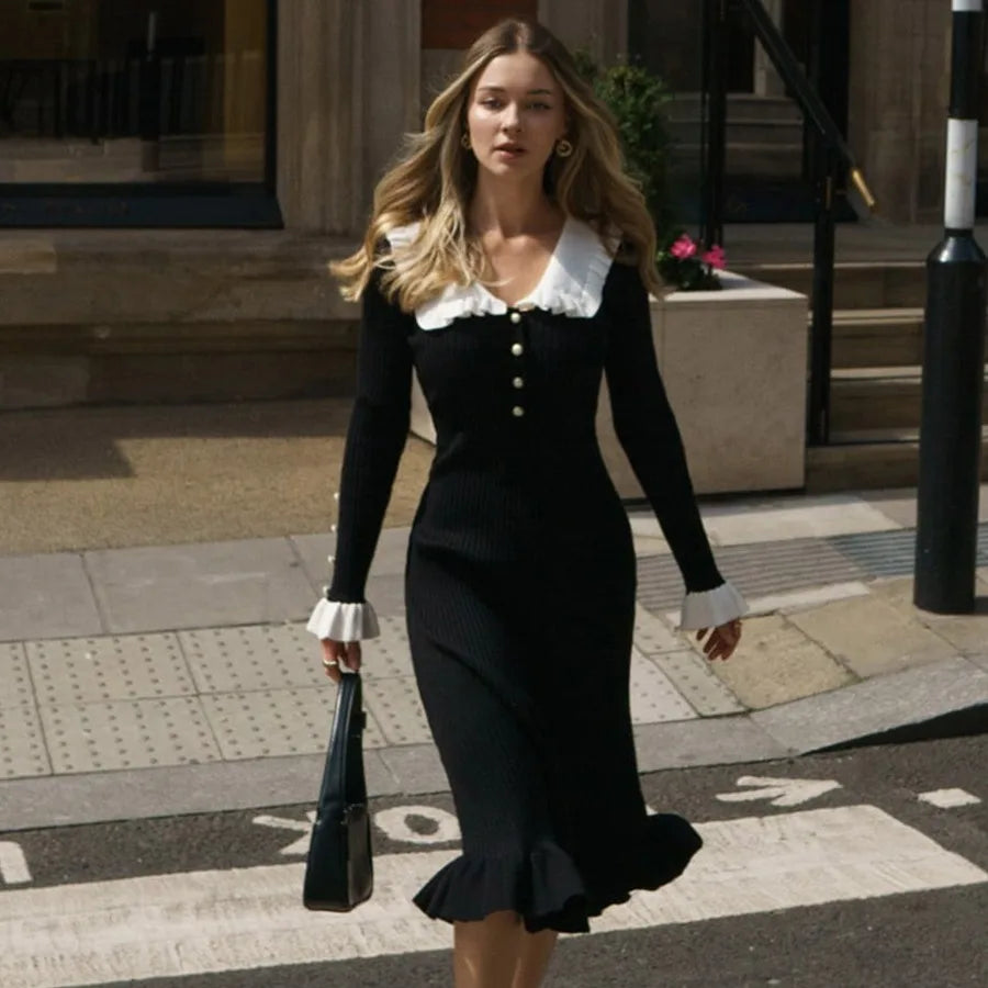 Ruffled Long-sleeved Vintage High-waisted French Creamy White Midi Dresses Main image